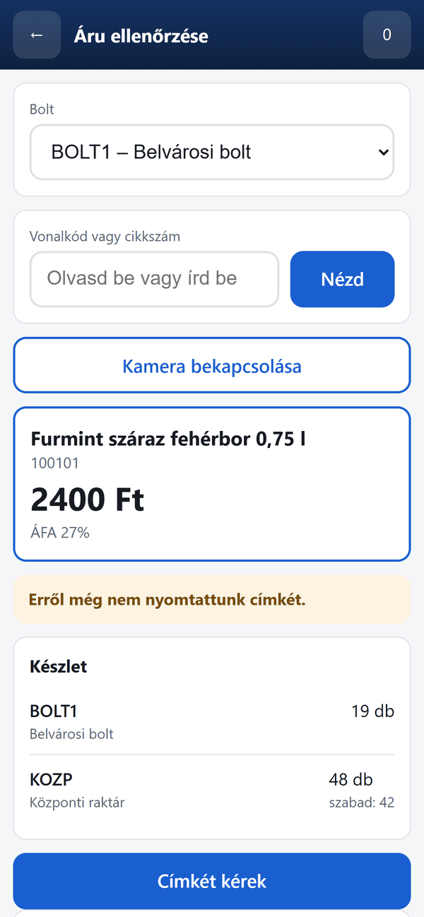 Áru ellenőrzése telefonon: a beolvasott bor ára, címkeállapota és készlete boltonként.